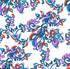 Indian floral seamless background pattern with fantasy flowers . Vector illustration hand drawn.