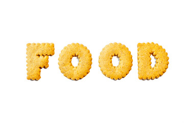 “FOOD” word written from alphabet shaped biscuit cookies.