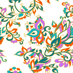 Fototapeta na wymiar Indian floral seamless background pattern with fantasy flowers . Vector illustration hand drawn.