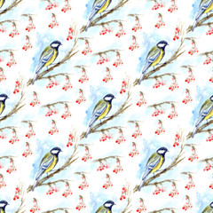 Seamless pattern of a titmouse and rowan branch.Chickadee bird.Winter image.Watercolor hand drawn illustration.White background.