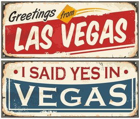Las Vegas retro tin sign design set on old rusty background