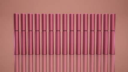 Cosmetic bottles on a pink background.