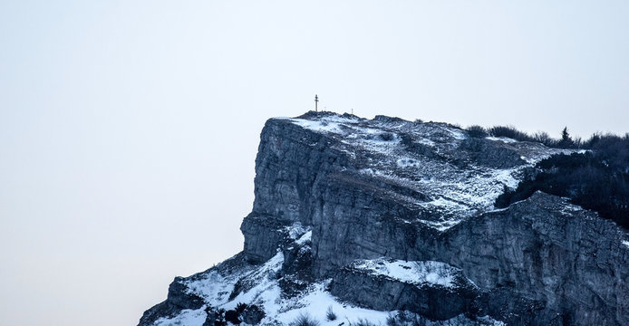 detail of rocky Klak hill in southernmost part of Mala Fatra mountains in Slovakia during winter monring with clear sky