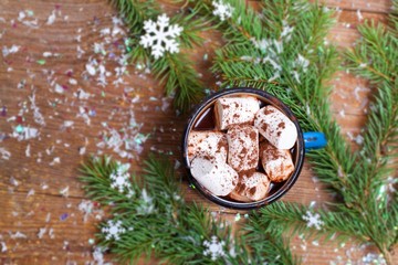 Obraz na płótnie Canvas hot chocolate with marshmallow, winter drink on Christmas background