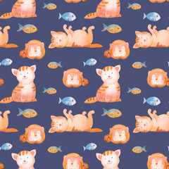 Watercolor cats seamless pattern. Hand drawn cartoon texture with young cat and fish on dark background. Cute wallpaper with pets for baby style design