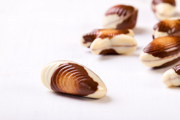 chocolate seashell on white table