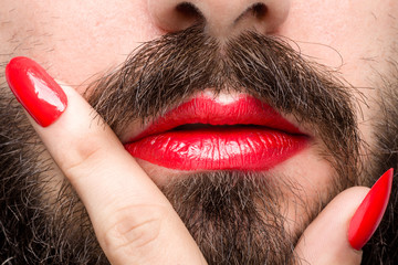 Bearded Man with Red Lipstick on His Lips and Nail Polish