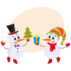 two cute snowman holding a Christmas tree and gift box, cartoon vector illustration with background for text. Funny snowman in hat, holiday season decoration element