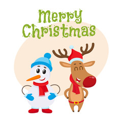 Merry Christmas greeting card template with Snowman in hat and mittens and Christmas reindeer in red scarf standing together, cartoon vector. Christmas poster, banner, postcard, greeting card design