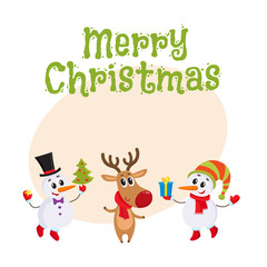 Merry Christmas greeting card template with two funny snowman and reindeer holding a Christmas tree and gift box, cartoon vector illustration. Christmas poster, banner, postcard, greeting card design