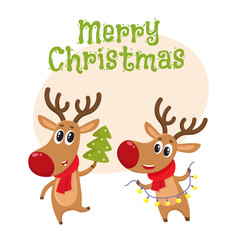Obraz na płótnie Canvas Two deer holding a Christmas tree and electric garland with lights, cartoon vector illustration with background for text. Christmas poster, banner, postcard, greeting card design