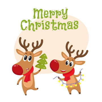 Two deer holding a Christmas tree and electric garland with lights, cartoon vector illustration with background for text. Christmas poster, banner, postcard, greeting card design