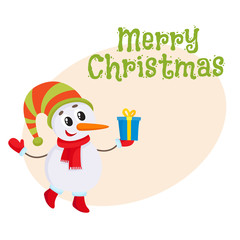 Merry Christmas greeting card template with Cute and funny little snowman holding a Christmas gift, present, cartoon vector illustration. Christmas poster, banner, postcard, greeting card design