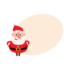 Cute and funny Santa Claus, cartoon vector illustration isolated with background for text. Childish round Santa Claus, Christmas attribute, holiday season decoration element