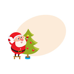 Cute and funny Santa Claus decorating a Christmas tree, cartoon vector illustration with background for text. Cartoon Santa Claus hanging balls on Christmas tree, holiday season decoration element