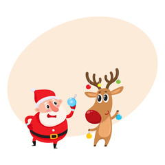 funny Santa and funny reindeer holding Christmas balls, cartoon vector illustration isolated with background for text. Santa Claus and deer, Christmas attributes, holiday decoration elements
