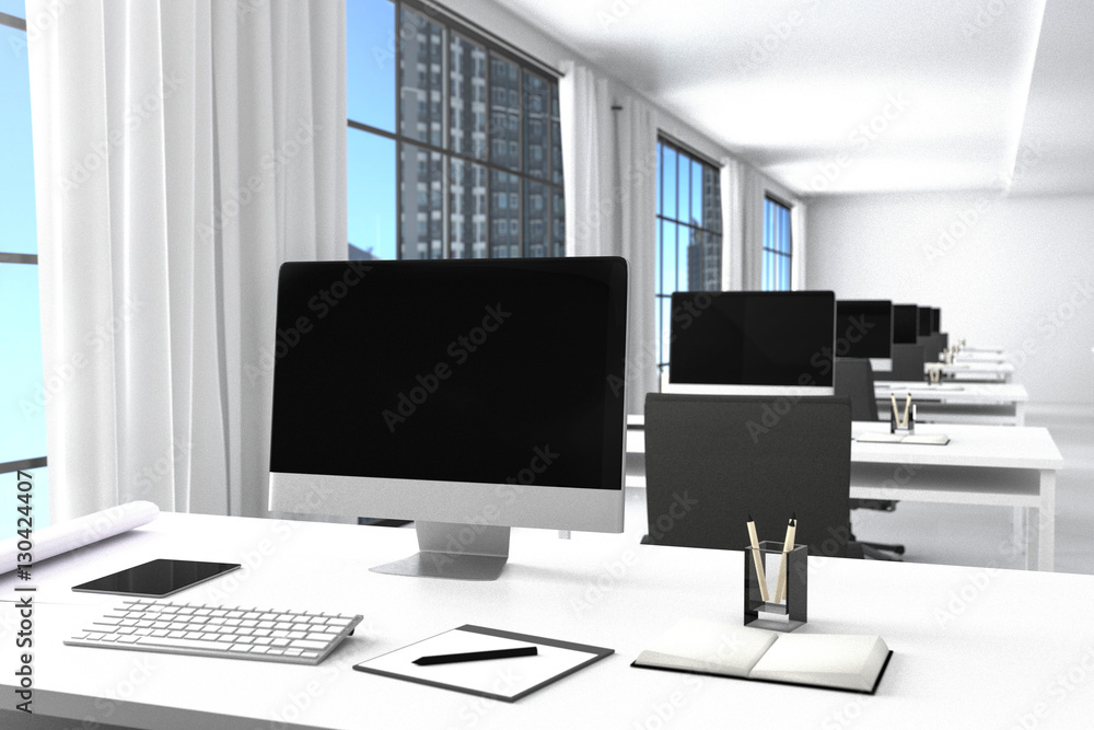 Aufkleber 3d rendering : illustration of modern interior white office of creative designer desktop with pc com