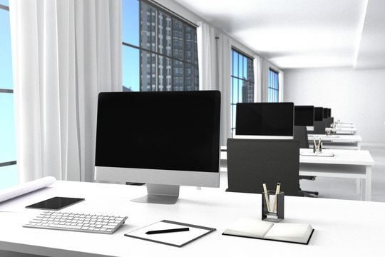 3D Rendering : illustration of modern interior white office of Creative designer desktop with PC computer.computer labs.working place of graphic design,city view.close-up.Mock up