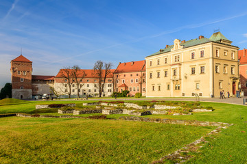 Fototapeta na wymiar royal castle on the Wawel Hill in the sunny day, Krakow, Poland