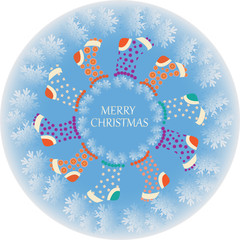 Christmas socks in the circle of snowflakes. Vector image. Design for poster, banner, greeting cards, flyers