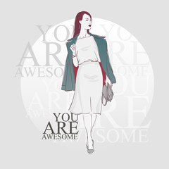 Beautiful hipster young long hair women in a fashion blue jacket and white midi skirt. Vector hand drawn sketch illustration.