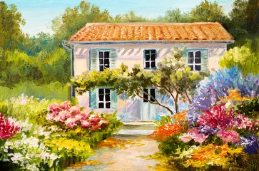 Ölgemälde auf Leinwand eines schönen Hauses und Blumen, abstrakte Zeichnung, Aquarellkunst © Fresh Stock