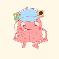 Cute brain character and hat with coffee and energy drink