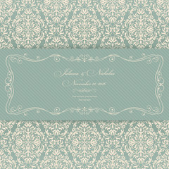 Wedding invitation cards in an vintage-style green and beige. Beautiful Victorian ornament. Frame with floral elements. Vector illustration.