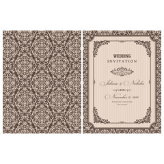Wedding invitation cards in an vintage-style brown and beige. Beautiful Victorian ornament. Frame with floral elements. Vector illustration.