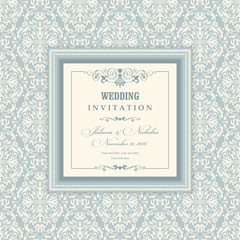 Wedding invitation cards in an vintage-style blue and beige. Beautiful Victorian ornament. Frame with floral elements. Vector illustration.