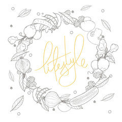 Vector card design with ink hand drawn vegetables and spice sketch with lettering liestyle. Vintage healthy food illustration.