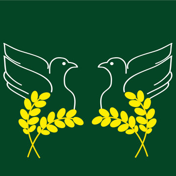Doves with ears of corns on green background