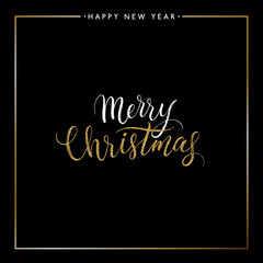 Naklejka na ściany i meble Merry Christmas gold glitter text isolated on black background, hand painted letter, golden vector Xmas lettering for holiday card, poster, banner, print, invitation, handwritten calligraphy