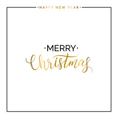 Naklejka na ściany i meble Merry Christmas gold text isolated on white background, hand painted letter, golden vector Xmas lettering for holiday card, poster, banner, print, invitation, handwritten calligraphy