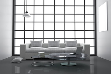 3D Rendering : illustration of modern interior minimalism white living room with laptop computer,and book on glass table.big glass window.white frame hanging on wall.Mock up