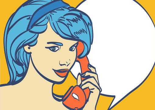 Vector picture of beautiful woman with phone, pin up, pop art illustration. Isolated eps10.