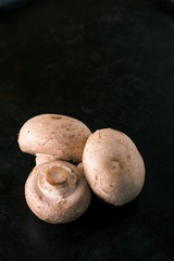 Detail of champignon mushrooms on black tray