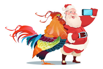 Cartoon Rooster And Santa Clause Making Selfie Photo On Smart Phone Happy 2017 New Year Flat Vector Illustration