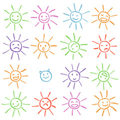 Colorful crayon chalk funny sun with smile face. Colorful pastel chalk hand drawn set of happy, glad, happy, angry, sad, faces suns. Many cute suns.