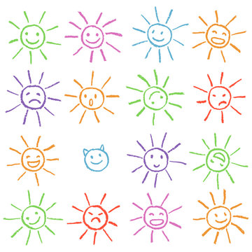 Colorful crayon chalk funny sun with smile face. Colorful pastel chalk hand drawn set of happy, glad, happy, angry, sad, faces suns. Many cute suns.