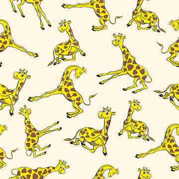 Set with funny smiling yellow giraffes. Seamless pattern. Vector hand drawing cartoon illustration.