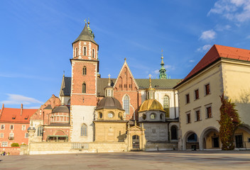Fototapeta na wymiar Cathedral of St. Stanislaw and St. Vaclav and royal castle on the Wawel Hill in the sunny day, Krakow, Poland.