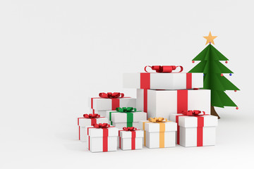3d Rendering : illustration of realistic many size white square gift box with red green and yellow ribbon bow in empty room.isolate on white background.copy space for add your text.one box opened