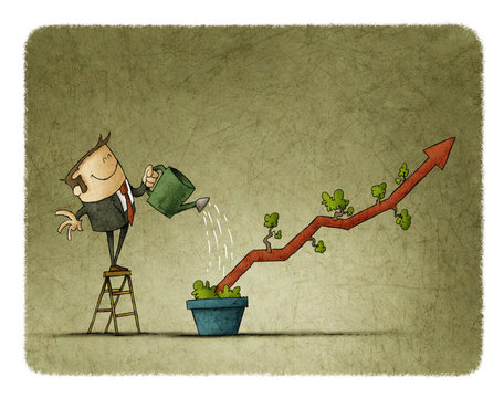 Business man Watering a plant shaped like a graph in a pot