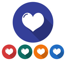 Round icon of heart. Flat style illustration with long shadow in five variants background color