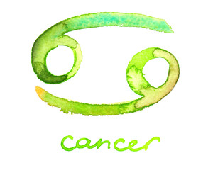 Simple symbolic green and yellow watercolor Zodiac sign with hand painted "Cancer" lettering on white isolated background