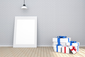 3D rendering : illustration of white picture frame in empty room.white wall and wooden floor.space for your text and picture.light from outside.gift box.gift for new year 2017 concept.clipping path