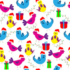 Seamless colorful vintage pattern with birds and gifts. For vintage wrapping paper, wallpaper, prints, posters, web design, Christmas and New Year projects.