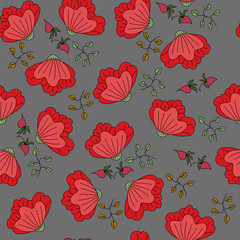 Hand-drawn seamless flower pattern. Abstract garden flowers and fresh branches. Floral vintage background for textile, cover, wallpaper, gift packaging, printing, scrapbooking.