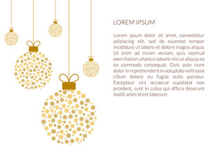 Festive Christmas background with golden balls snowflakes . Banner or poster. Vector in flat style.
